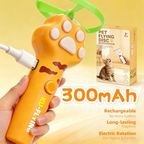Cat Fetch Toy Launcher, Flying Disc Launcher with Rechargeable & 6 Soft Flying Discs (3 Glow), Easy Use Interactive Toys for Indoor Adult Cats & Kittens for Enrichment