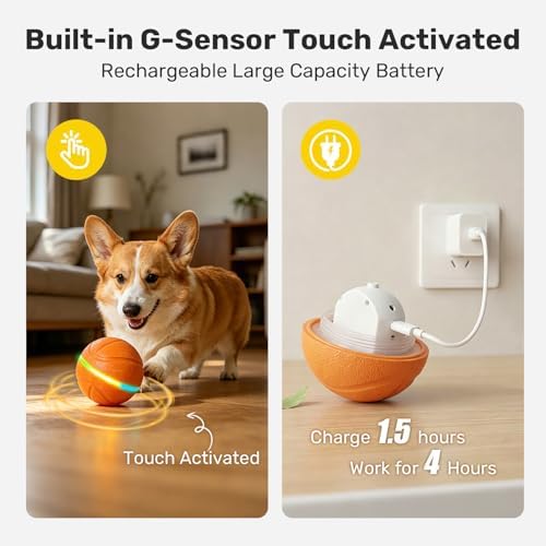 Niubya Interactive Dog Ball Toy, Activated Automatic Rolling Ball for Large Dogs, USB Rechargeable Pet Toy with LED Light