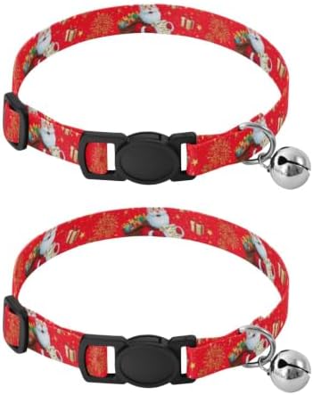 2 Pack Kitten Collar Santa Claus Presents Red Dog Collar with Bell, Adjustable Length 10.6" to 17.1"