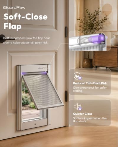 Automatic Dog Door for Door, Smart Dog Door with Collar Sensor, L | aluminum built, collar-activated, scheduled access, pet-only access, adjustable sensing range, anti-pinch, large, silver