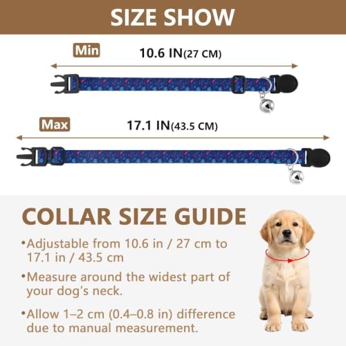 2 Pack Puppy Collar Cute Paw and Bone Navy Kitten Bell Collar, Adjustable Length 10.6" to 17.1"