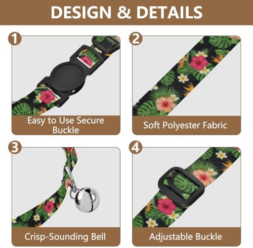 2 Pack Small Dog Collar Tropical Flowers Hibiscus Kitten Collar with Bell, Adjustable 10.6 to 17.1 Inches