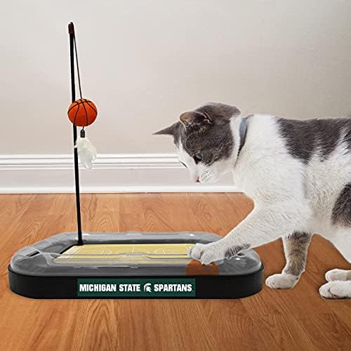 Cat Scratch Toy NCAA Michigan State Spartans Reversible Basketball Court Felt/Cardboard Cat Scratcher Toy. Interactive Cat Ball Bell. 6-in-1 CAT Toy: Cat Wand Poll with Catnip-Filled Plush Basketball