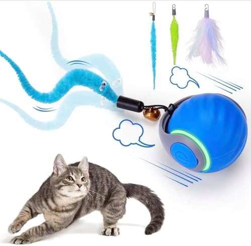 Interactive Automatic Pet Ball Toy for Cats & Small Dogs – USB-C Rechargeable, 3 Tails, 2 Speed Modes for Endless Play (Blue, Small)