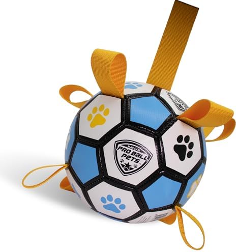 Interactive Dog Soccer Ball for Dogs, 6” with Straps & Grab Tabs, Floats on Water, Fetch & Training Toy for Small/Medium Dogs, Herding Breeds, Waterproof Non-Toxic – ProBall Pets – Blue Yellow