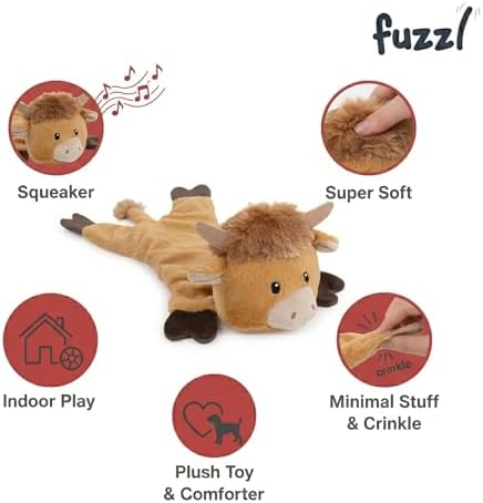 Fuzzl Harry Highland Cow Crinkle & Squeak Dog Toy – Low Mess Minimal Stuffing Plush Puppy Toy – Interactive Soft Squeaky Dog Toy for Small to Medium Dogs