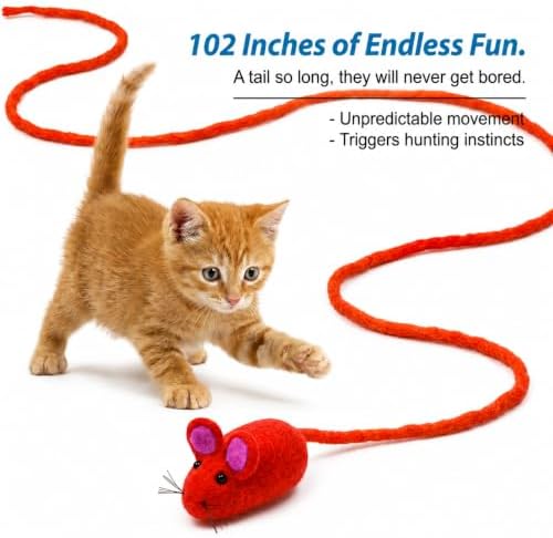 Glaciart One Felt Mouse Cat Toy – Soft Fuzzy Enrichment 100% Natural Wool - Interactive Catnip Play Cat Toy Set - Safe for Pets, Non-AZO Colored Dyes - 100” Long