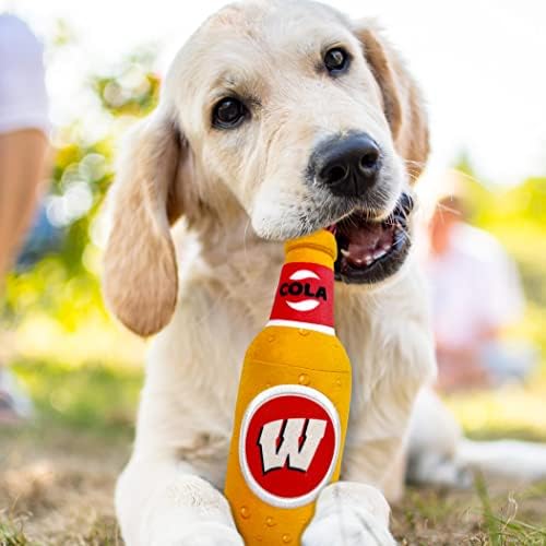 NCAA WISCONSIN BADGERS BEER BOTTLE PLUSH DOG & CAT SQUEAK TOY - Cutest STADIUM SODA BOTTLE SNACK Plush Toy for DOGS & CATS with INNER SQUEAKER & Beautiful Football/Basketball Team Name/Logo