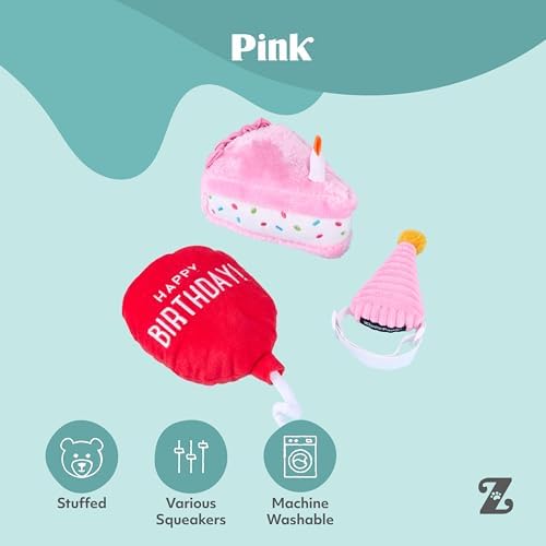 ZippyPaws Birthday Box Dog Squeaky Toys to Keep Them Busy - 3-Pack, Pink