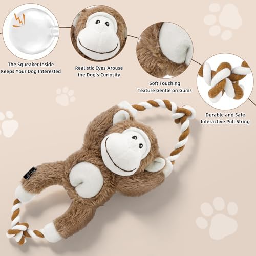 Squeaky Dog Plush Toys No Stuffing Interactive Puppy Chew Toys to Keep Them Busy, Durable Tug of War Dog Toys for Small, Medium and Large Breed - Monkey