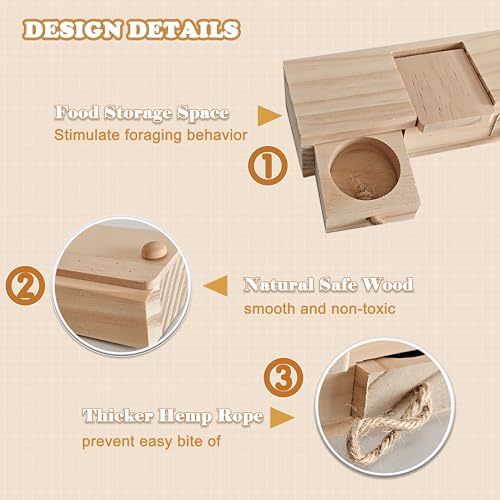 2 PCS Wooden Foraging Toys for Guinea Pigs, Hamsters & Chinchillas, Small Pet Puzzle Feeder with Drawers and Ropes, Natural Wood Chew Enrichment Activity Toy