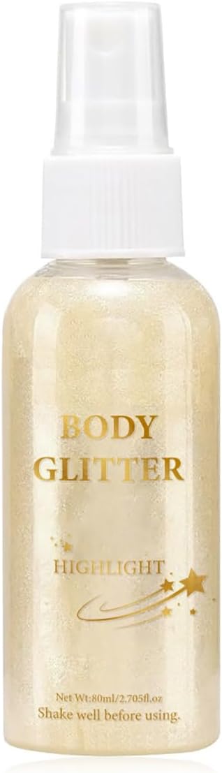 Body Glitter Spray Highlight, 4 Shimmering Color, Quick-Drying Formula Moisturizing Liquid Highlighter for Black/White Skin Women Men for Party, All Body Parts (# 01 Gold)