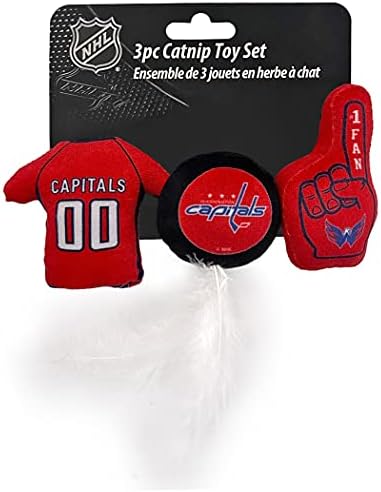 NHL WASHINGTON CAPITALS Plush Cat Toys Set - 3 Piece, Filled with Fresh Catnip. Includes: Jersey, Hockey Puck with Feathers & #1 Fan. Team Logo