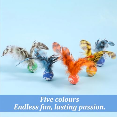 5 Pcs Bouncy Balls for Cats Chasing- Cat Feather Toy with Natural Feather
