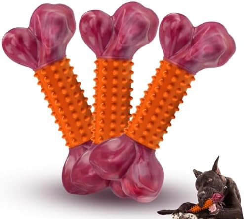 3-Pack Tough Dog Toys for Aggressive Chewers: Peanut Butter Flavored Long Lasting Dog Bones, Heavy Duty Nylon & Rubber Dog Chew Toys to Keep Them Busy, Medium & Large Breed, Orange