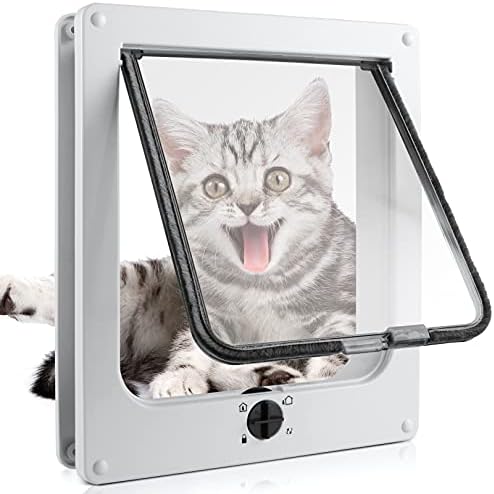 Sailnovo Cat Door（Outer Size 9.25" x 10.62" ）, Rotary 4-Way Facile Locking for Interior Exterior Door,Quiet, ABS Material,Weatherproof Pet Doors, Telescopic Frame, White,(Suitable for Cats<27.54 lb)