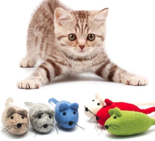 Glaciart One Felt Mouse Cat Toy – 6 Pcs | Soft Fuzzy Enrichment 100% Natural Wool - Interactive Catnip Play Cat Toy Set - Safe for Pets, Non-AZO Colored Dyes