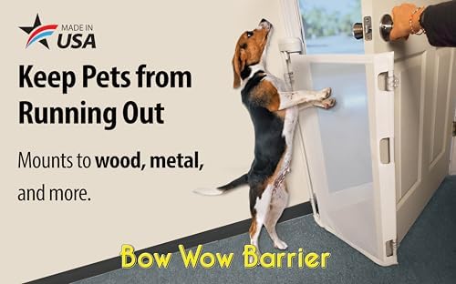 Bow Wow Barrier 28-Inch Café Retractable Exterior-Door Barrier for Pets | USA-made Smart Retract hardware-mounted barrier for exterior doors; opens with the door to help keep dogs & cats inside