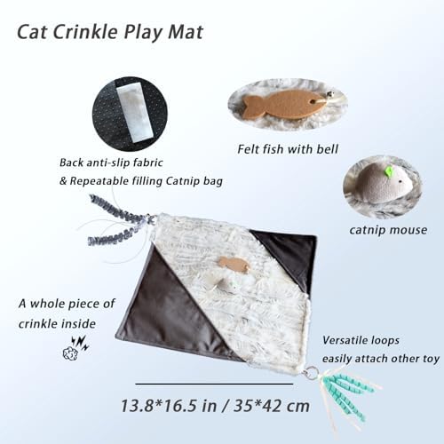 Cat Crinkle Mat with Mouse Toy,14x16" Interactive Cats Play Mat with Catnip