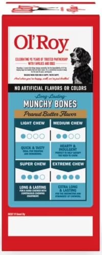 Ol Roy Munchy Bones Dog Treats, Peanut Butter Flavor, No Artificial Flavors or Colors, 60 oz, 21 Count with Bone Waste Bag Dispenser and Roll