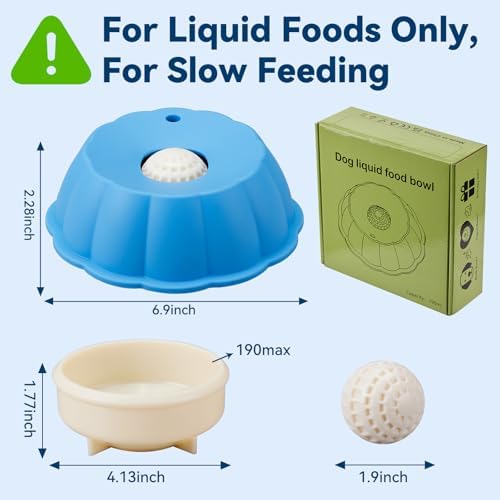 Dog Lick Bowl Ball Slow Feeder, Licking Bowl for Liquid Treat with Rolling Spin Sphere Roller Licker, Licky Feed Calming Anxiety Relief Enrichment Yogurt (Blue)