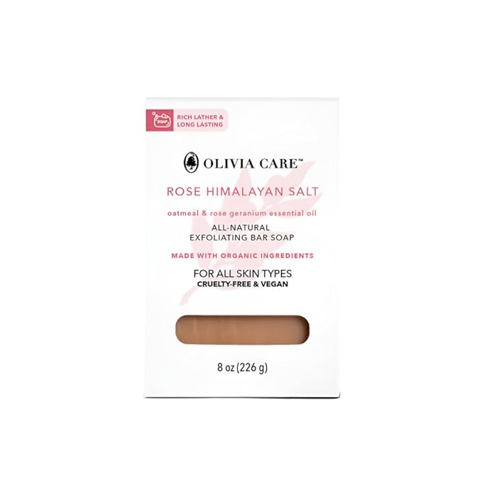 Olivia Care Exfoliating Bar Soap, Rose Himalayan Salt, 100% Natural, Organic Ingredients, Clean Energize Mind Body, Full of Vitamin & Antioxidants, Aromatherapy with Oatmeal (Rose Himalayan Salt)