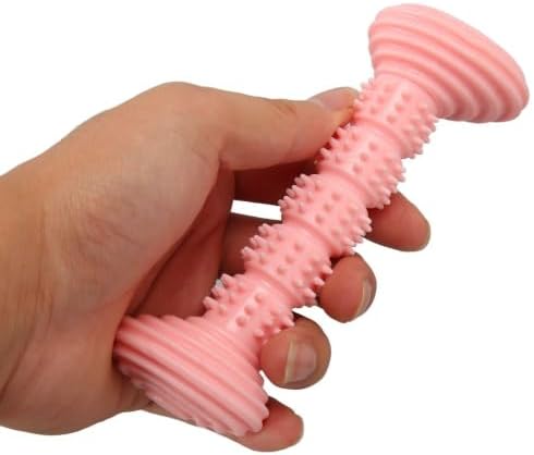 Dog Rubber Chew Toy, Bone Shape Puppy Teething Toy with Massage Bumps, 5.59 in, for Small and Medium Dogs(Pink)