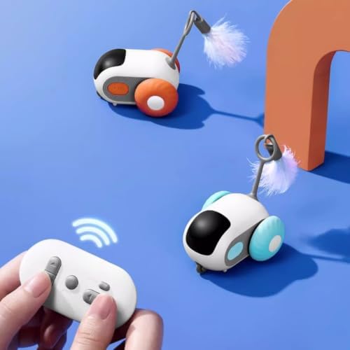Smart Remote Control Cat Toy Car - Interactive Automatic Robotic Teasing Mouse with Feathers, Rechargeable Self-Moving Kitten Toy for Carpet Wood Floor, Touch-Activated Standby