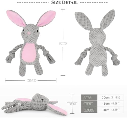 Plush Bunny Dog Toy, Squeaky Tug Toy with Rope Arms for Small Medium Dogs