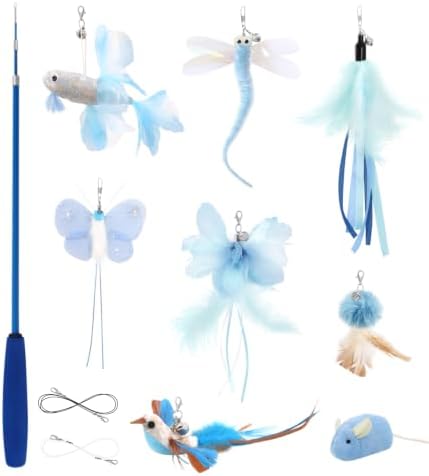 SONGWAY Interactive Cat Wand Toy Set - Retractable Cat Teaser Wand with 8 PCS Cat Toy Attachments, Dragonfly Butterfly Bird Mouse Tassel Feather Cat Toy Refills for Indoor Cats Kittens, Blue