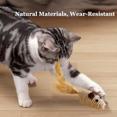 12PCS Cat Mouse Toys, Natural Sisal Mouse Cat Toys for Indoor Cats, Teeth Cleaning Dental Chew Toy, Interactive Cat Mice Toy Eliminate Boredom