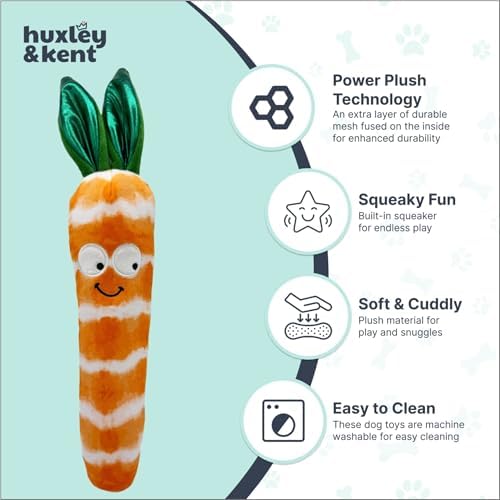 Huxley & Kent Funny Dog Toy w/Squeaker – Power Plush Squeaky Dog Toys for Small, Medium & Large Dogs – Soft Stuffed Animal for Indoor Play & Fetch - Fetchies® Sweet Carrot, Large