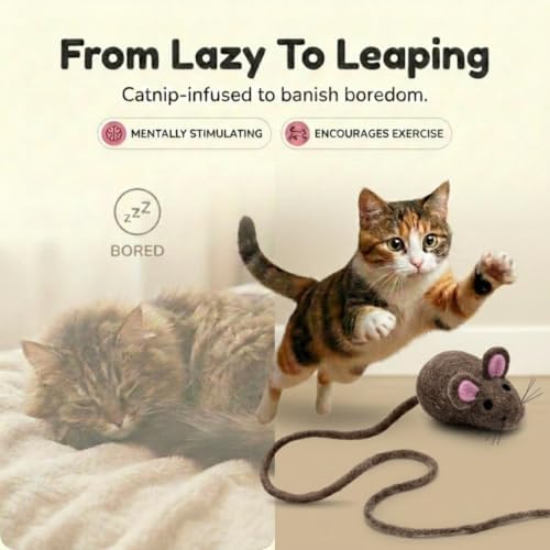 Glaciart One XXL Felt Mouse Cat Toy – 6” Body + 98” Tail – Large Cat Enrichment Toy – 100% Natural Wool with Catnip – Interactive Teaser for Big Cats – Safe Non-AZO Dyes