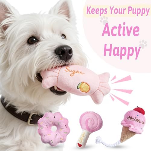 Small Dog Toys, Cute Pink Plush Dog Toy Set, Dog Squeaky Toys, Durable Dog Stuffed Toys & Dog Chew Toys for Puppies and Small Dogs