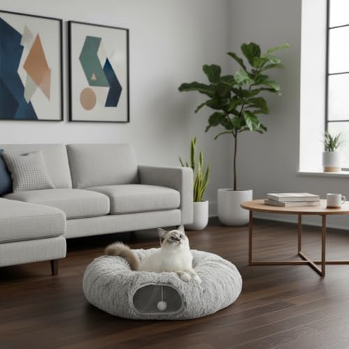 AUOON Plush Cat Tunnel Bed for Indoor Cats, 36" L x 36" W x 11.5" H, Khaki