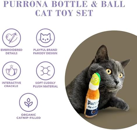 Haute Diggity Kitty Purrrona Beer Bottle + Ball Set, Soft Plush Cat Toys