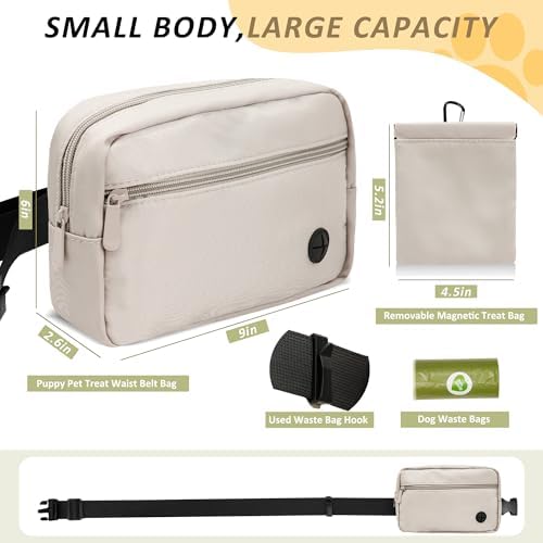 Puppy Dog Treat Pouches for Pet Training Treat Bag, Dog Walking Fanny Pack with Carabiner, Built-in Poop Bag Dispenser & Reuse Dog Poop Holder, Puppy Pet Treat Waist Belt (Cream)