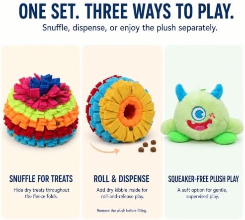 2-in-1 Snuffle Ball for Dogs with Removable Plush Toy and Built-in Storage, Interactive Dog Puzzle Toy for Treat Hiding & Slow Feeding, Machine Washable Dog Enrichment Set