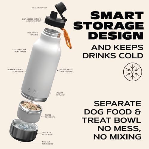 asobu Buddy Bottle a Stainless Steel Insulated Water Bottle for with Removable Dog Water Bowl and Dog Food and Treat Storage Bowl (White, 34 oz Water Bottle | 2 Bowls)