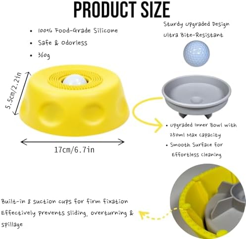 Slow Feeder Lick Bowl with Rolling Ball, Anti-Slip, Yellow