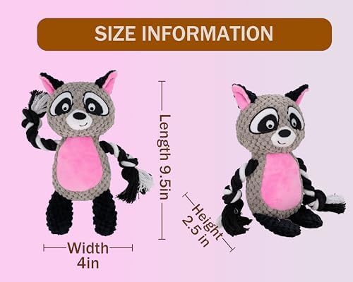 Squeaky Dog Toy Chew Plush Stuffed with Cotton Rope Crinkle Paper Soft Interactive Durable for Small Medium Large Dogs Puppy Pet Coffee Raccoon