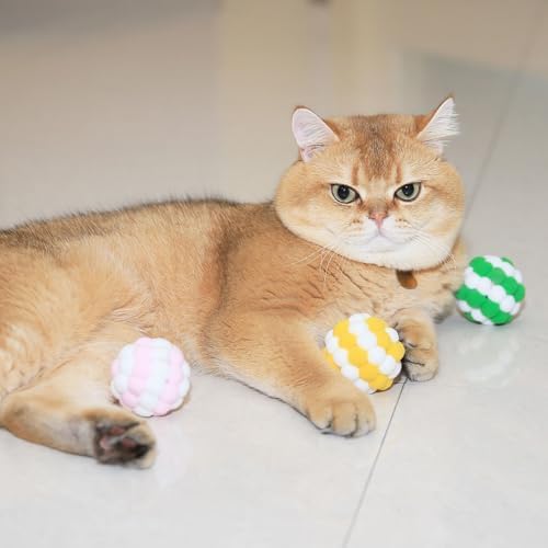 Cat Toy Balls with Crinkle Sound 3-Pack, 2-Inch Soft Plush Pom Pom Balls for Indoor Cats & Kittens, Colorful Fuzzy Interactive Chewing Toys for Hunting Playing, No Catnip