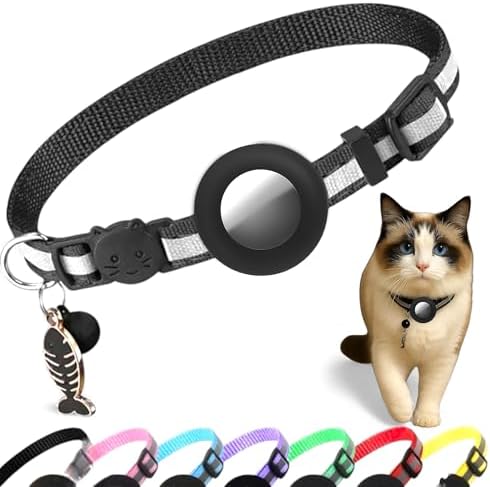 AirTag Cat Collar Breakaway with Apple Air Tag Holder & Bell - Reflective Adjustable Kitten Collar, Lightweight Nylon Safety Release Buckle for Boy Girl Cats, Indoor Outdoor (Fits 8-11 in)
