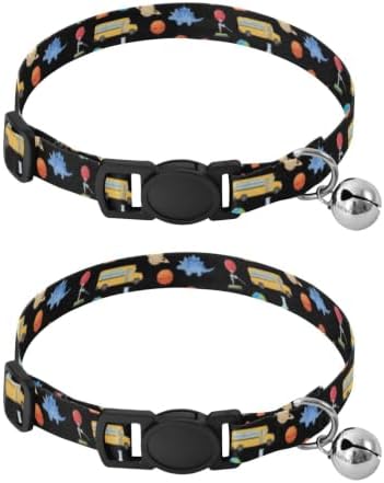 Colorful Dinosaurs Black Breakaway Cat Collars with Bell 2 Pack Dog Collar Adjustable 10.6 to 17.1 Inches
