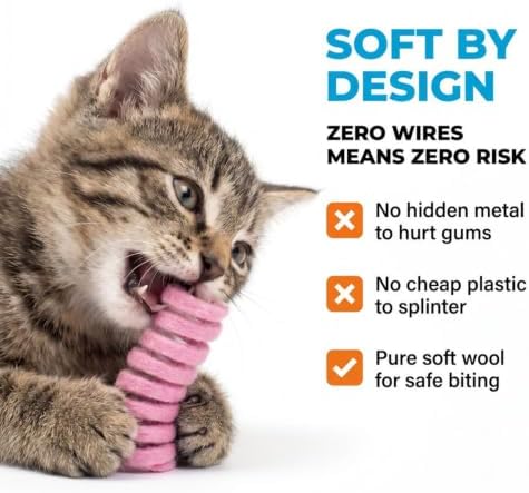 Glaciart One Felt Mini Spring Cat Toy – 10 Pcs Soft Fuzzy Enrichment 100% Natural Wool - Interactive Stretchable Play Cat Toy Set - Safe for Pets, Non-AZO Colored Dyes - 11” Long