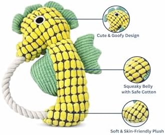 Squeaky Dog Toys for Small Medium Dogs – Adorable Seahorse Plush Rope Chew Toy with Squeaker, Durable Puppy Teething Toy for Interactive Play & Boredom Relief, 9.25 Inches