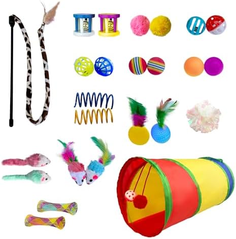 PetLike 25pcs Interactive Cat Toys Set Collapsible Cat Tunnel Interactive Feather Teaser Wand,Spring Toys & Balls for Indoor Cats (Rainbow, 25x55cm)