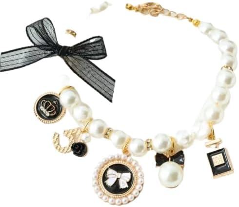 Ribbon Bow Pearl Pet Necklace,Multi Decor Charms Adjustable Collar Kittens