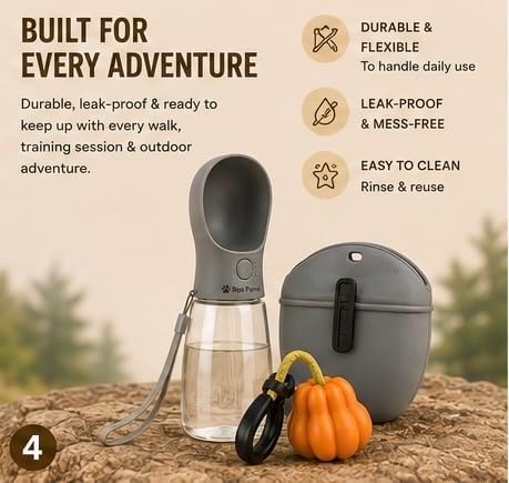 3-in-1 Dog Walking Kit - Silicone Treat Pouch, Portable Water Bottle (350ml) & Rope Tug Toy - Hands-Free Training Set