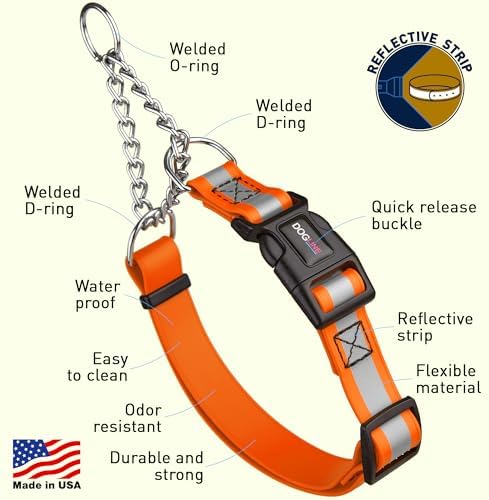 Dogline Reflective Martingale Collar for Dogs with Quick Release Buckle – Biothane Dog Collar with Herm Sprenger Assembly Chain – Waterproof No Pull Dog Collar, L 11”-15”, Hunter Orange